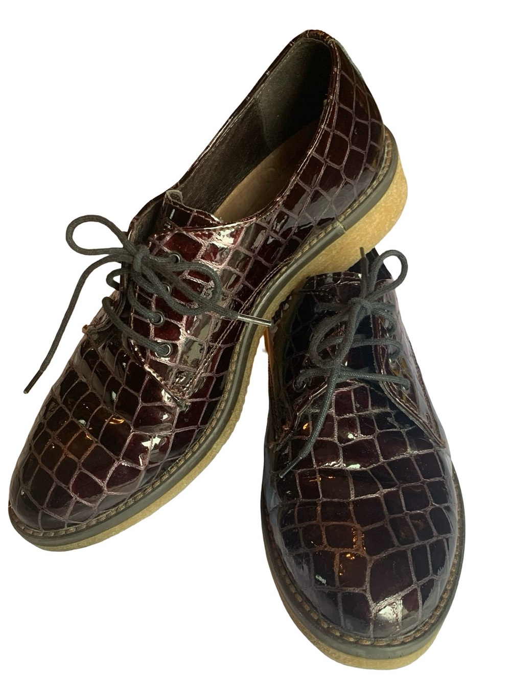 Lasocki Genuine Patent Leather Croc-Embossed Lace up Oxfords Burgundy Brown 6.5